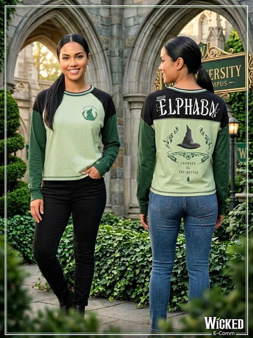 Wicked Elphaba Long Sleeve Graphic Tee in Green & Black Size Medium NWT